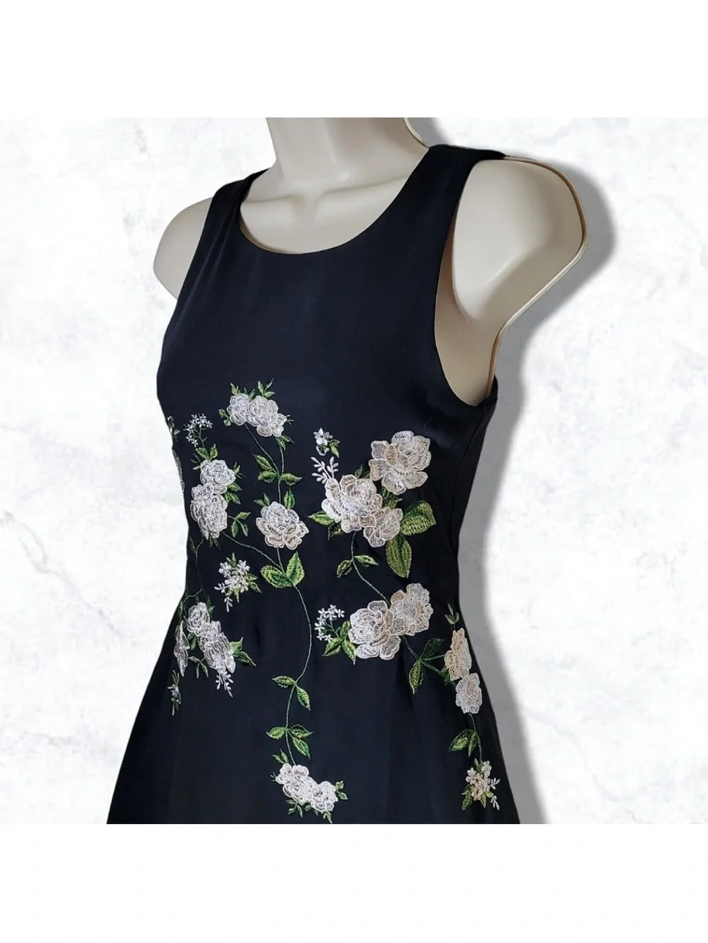 GB girls Black High-Low Dress with White & Green Floral Embroidery